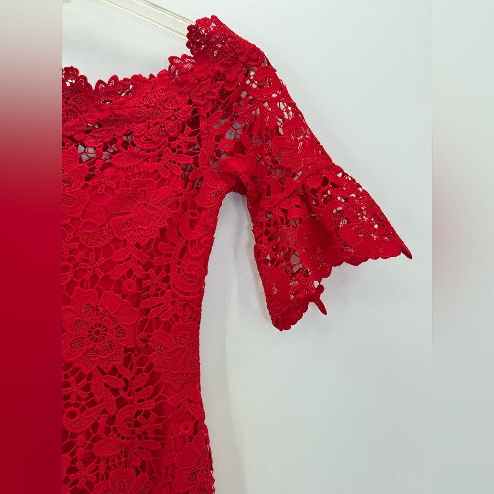 Paper Dolls London Red Lace Off-Shoulder Bodycon Cocktail Floral Lace Dress- 0 P - Picture 6 of 16